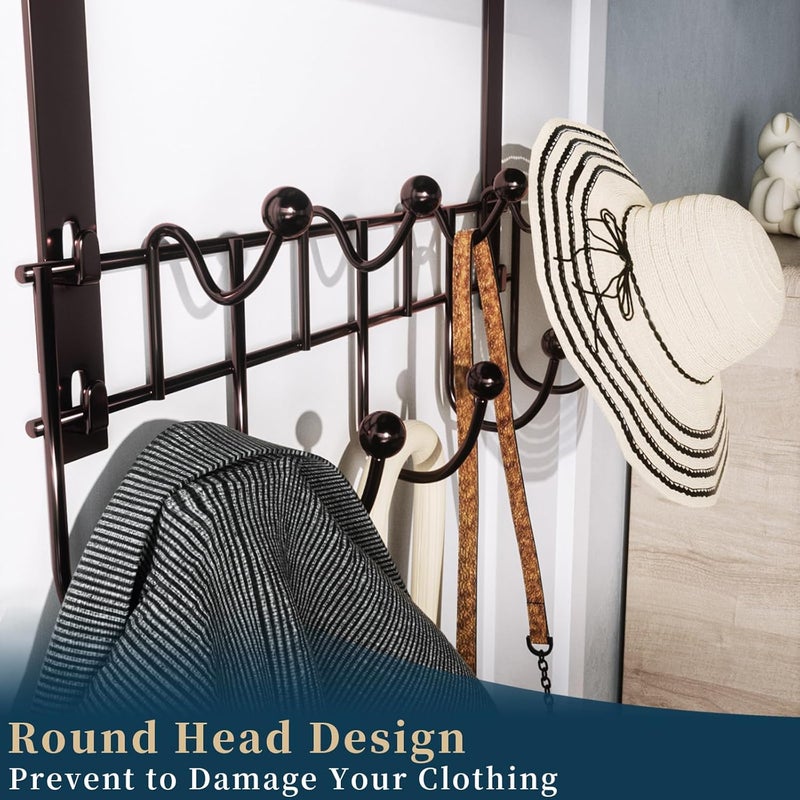 Consumest Over The Door Hooks Organizer - Extra Long Door Hanger with 9 Coat Hooks & 2 Mesh Basket, Back Storage Organizer Hanging Towels for Bathroom, Bedroom, Bronze (for 1.76in Doors) - Image 4